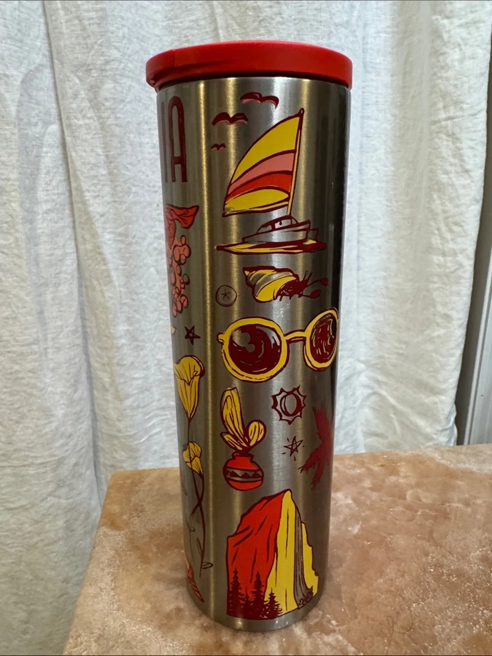 Starbucks Stainless Steel Tumbler Silver & red, NWOT “Been There” California